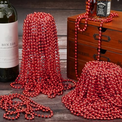 SHAOQINLIN 30 PCS Red Mardi Gras Beads, Red Christmas Beads, 33" Valentines Necklace Metallic Beaded Costume Necklaces Party Necklaces for Parade Throws Wedding Birthday Party Favorss - color: Red