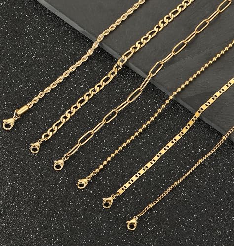 8Pcs Ankle Bracelets for Women Stainless Steel Waterproof Layered Cuban Figaro Link Chain Rope Paperclip Herringbone Satellite Bead Anklets Set Summer Beach Jewelry Gold Silver Tone 8.5 Inch - color: A:Gold