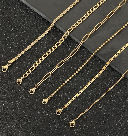 8Pcs Ankle Bracelets for Women Stainless Steel Waterproof Layered Cuban Figaro Link Chain Rope Paperclip Herringbone Satellite Bead Anklets Set Summer Beach Jewelry Gold Silver Tone 8.5 Inch - color: A:Gold