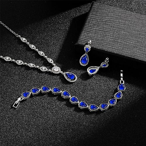 GULICX AAA Cubic Zirconia CZ Silver Plated Base Women's Party Jewelry Set Earrings Pendant Necklace - color: Blue Set with Teardrop Bracelet