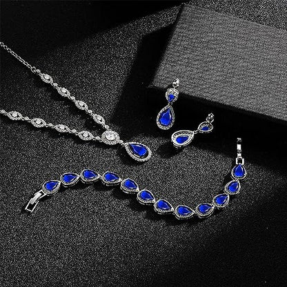 GULICX AAA Cubic Zirconia CZ Silver Plated Base Women's Party Jewelry Set Earrings Pendant Necklace - color: Blue Set with Teardrop Bracelet