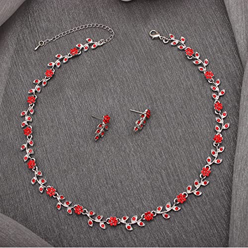 Austrian Crystal Rhinestone Choker Necklace Dangle Earring Link Bracelet Jewelry Set for Brides Bridesmaid Prom Costume Accessories for Women - color: En001-Siam-Platinum Plated