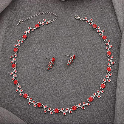 Austrian Crystal Rhinestone Choker Necklace Dangle Earring Link Bracelet Jewelry Set for Brides Bridesmaid Prom Costume Accessories for Women - color: En001-Siam-Platinum Plated
