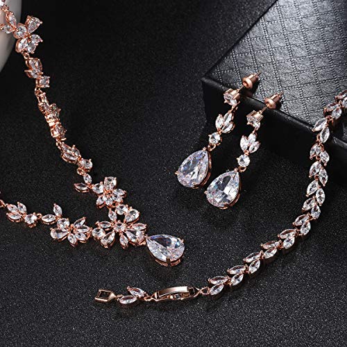 Jewelry Set for Women, Necklace Dangle Earrings Bracelet Set with White AAA Cubic Zirconia, Allergy Free Wedding Party Jewelry for Bridal Bridesmaid - color: Necklace + Earrings + Bracelet-Rose gold plated
