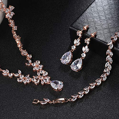 Jewelry Set for Women, Necklace Dangle Earrings Bracelet Set with White AAA Cubic Zirconia, Allergy Free Wedding Party Jewelry for Bridal Bridesmaid - color: Necklace + Earrings + Bracelet-Rose gold plated
