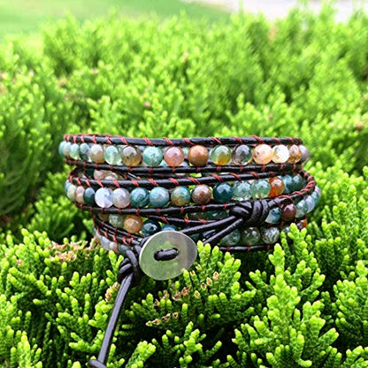 YGLINE Natural Stone Wrap Bracelet for Women Boho Bracelets Healing Crystal Beaded Bracelet Adjustable 3/5 Wraps Bracelet Handmade Birthday Gifts for Women - color: agate-5w