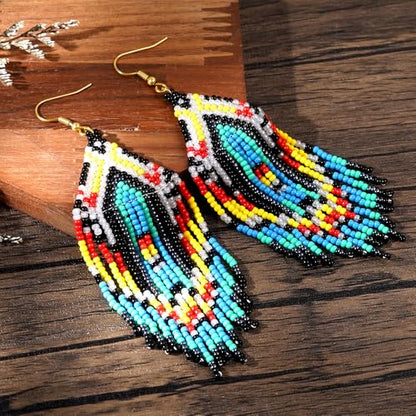 Bohemian Tassel Colorful Beaded Earrings For Women Trendy, Long Fringe Feather Drop Jewelry Handmade Gifts. - color: color6