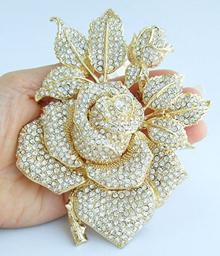Gorgeous Wedding 5.32" Big Rose Flower Brooch Pin Austrian Crystal Pendant BZ2994 - color: Gold-Tone Clear