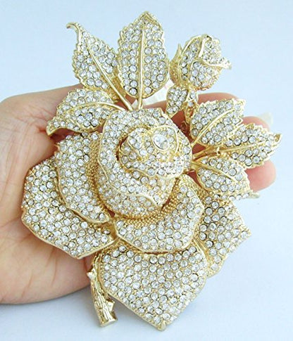Gorgeous Wedding 5.32" Big Rose Flower Brooch Pin Austrian Crystal Pendant BZ2994 - color: Gold-Tone Clear