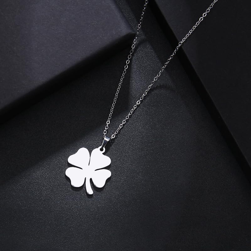 Elegant Stainless Steel Four Leaf Clover Necklace for Women – Gold Clover Pendant Necklace, Irish Shamrock Jewelry, Perfect Gold Clover Necklace for Women, 4 Leaf Clover Necklace, Lucky Charm Jewelry - color: Silver
