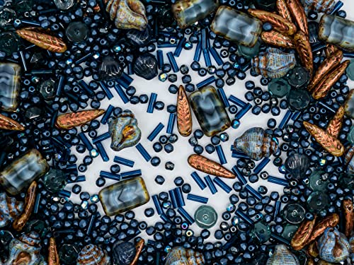 2.1oz (60 g) Mix of Unique Czech Bohemia Glass Pressed Beads, Dark Blue, Table Cut, Matte and Glossy, Faceted Fire Polish, Hand Made Set Kit BCV - color: Dark Blue Copper