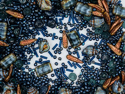 2.1oz (60 g) Mix of Unique Czech Bohemia Glass Pressed Beads, Dark Blue, Table Cut, Matte and Glossy, Faceted Fire Polish, Hand Made Set Kit BCV - color: Dark Blue Copper