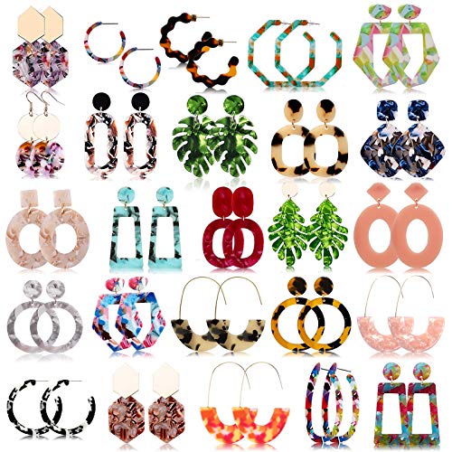 25 Pairs Acrylic Resin Statement Earrings Set for Women Mottled Hoop Fashion Drop Dangle Jewelry Hypoallergenic for Sensitive Ears - style: Warm