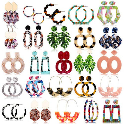 25 Pairs Acrylic Resin Statement Earrings Set for Women Mottled Hoop Fashion Drop Dangle Jewelry Hypoallergenic for Sensitive Ears - style: Warm