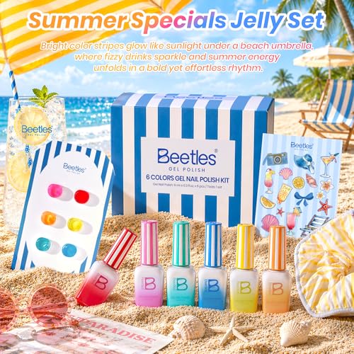 Beetles Neon Gel Nail Polish Set, 9ML 6 Colors Specials Jelly Gel | Sheer Gel Nail Kit with Sticker Nail Accessories Soak Off UV Salon DIY at Home Manicure Gift for Women - color: Sunstripe
