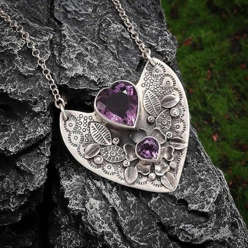 Love Amethyst Necklace Romantic Gift for Girlfriend Mom Valentine’s Day | Antique silver 3D leaf floral heart tag with double heart amethyst, skin-friendly alloy as romantic Valentine’s gift