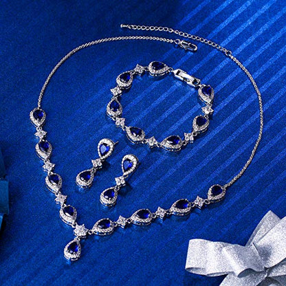 EleQueen Women's Silver-Tone Cubic Zirconia Teardrop Flower Bridal V-Necklace Sets Tennis Bracelet Dangle Earrings for Wedding Bridesmaids - color: Sapphire Color