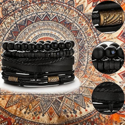 Braided Leather And Wood Bead Bracelet Set for Men Women ，Beads Cuff Bracelet Hemp Cords Ethnic Tribal，Wristband Stackable Bracelets Set Adjustable，Fashion Jewelry， Daily Wear And Party, Gift for He