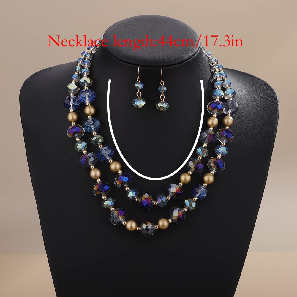 Wiwpar Layered Faux Faceted Pearl Bead Statement Necklace Crystal Wrap Strand Collar Bib Choker Necklace and Earrings Set for Women