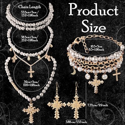 Tondiamo 3 Pcs Gothic Jewelry Set Cross Necklace for Women Goth Earrings Bracelet Layered Y2k Choker Costume Accessory - color: Golden, style: Pearl Style