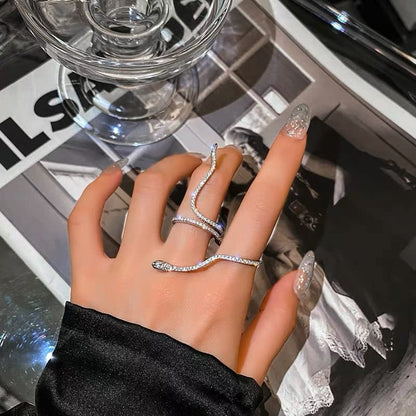 Dainty Crystal Snake Open Ring for Women CZ Snake Ring Gold/Silver Cubic Zirconia Adjustable Copper Ring for Her Lover Animal Snake Index Finger Ring - color: silver