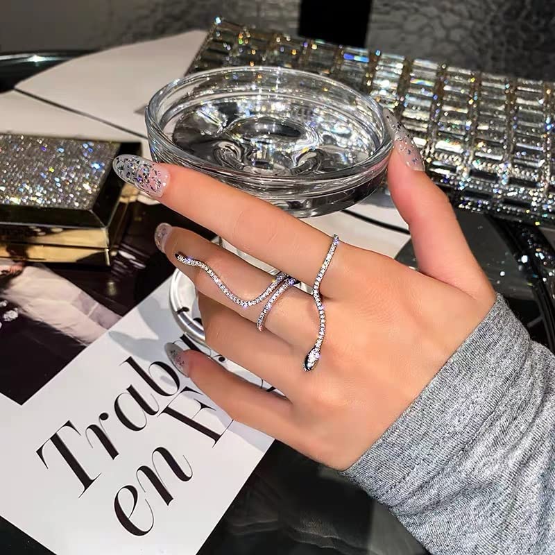 Dainty Crystal Snake Open Ring for Women CZ Snake Ring Gold/Silver Cubic Zirconia Adjustable Copper Ring for Her Lover Animal Snake Index Finger Ring - color: silver