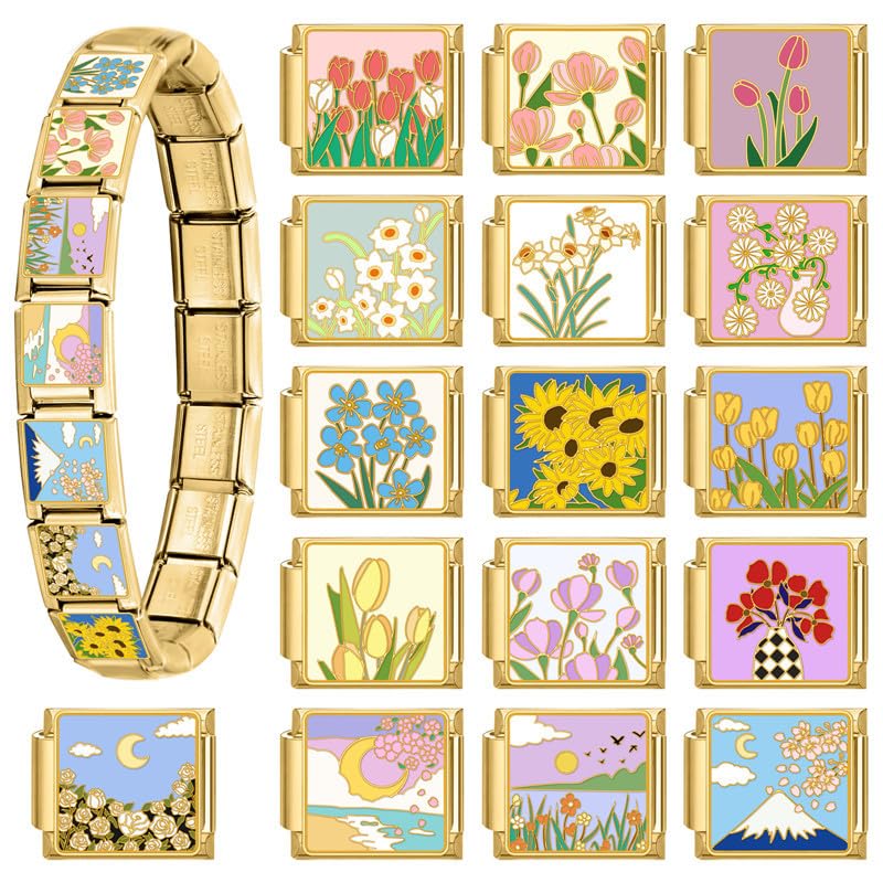 Italian Charms Bracelet Sets Heart Brascelet,18 of Charms and Opening Tools (8 Random Pattern and 10 Blank Modules) - style: 1 Set Flower5-Golden