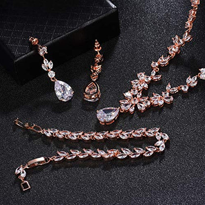 Jewelry Set for Women, Necklace Dangle Earrings Bracelet Set with White AAA Cubic Zirconia, Allergy Free Wedding Party Jewelry for Bridal Bridesmaid - color: Necklace + Earrings + Bracelet-Rose gold plated