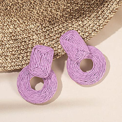Statement Raffia Earrings Cute Boho Earrings Rattan Dangle Earrings Handmade Straw Wrap Earrings Summer Drop Dangling Earrings for Women Teen Girls - color: Purple