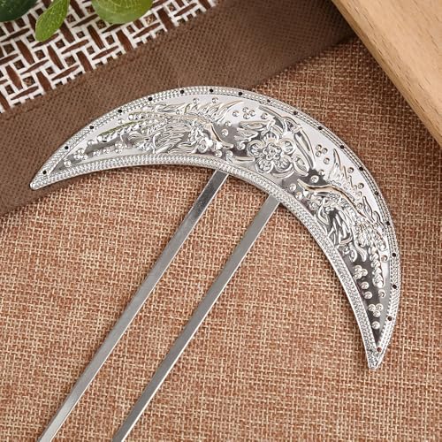 2 Pcs Moon Shaped Metal Hair Forks Chinese Style U Shaped Hair Stick Pin Hair Clip Chignon Buns Pin Wood Hair Accessories for Women Girls, Silver