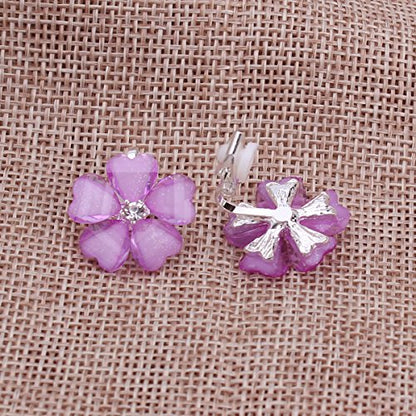 Silver Plated or Gold Plated Opal Flower Shape Clip on Earrings Non Piercing for Women - color: Purple