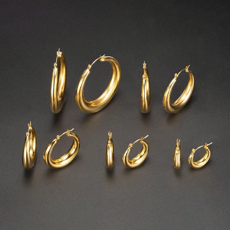 316L Chunky Stainless Steel Hoop Earrings, Fashionable Lightweight Hollow Open Hoops, Hypoallergenic Whtie Gold Plated Pipe Earrings for Women - style: 40mm, Yellow Gold