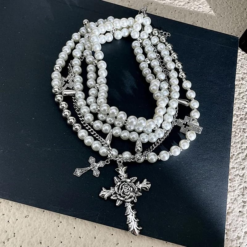 Layered Pearl Necklace Gothic Cross Pearl Stacked Necklace for Women | Statement Chunky Silver Choker Necklace