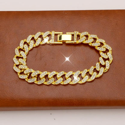 8 PcsCuban Link Chain jewelry sets for Woman with Rhinestone Necklace Bracelet Earrings Bling Diamond chunky Chain Jewelry - color: Golden A, size: 18inch