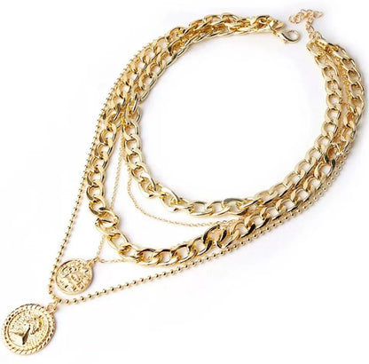 Gold Layered Necklaces for Women Trendy Retro Coin Pendant Choker Necklace