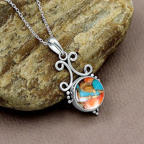 Natural Round Gemstone Pendant Necklace for Women, 925 Sterling Silver | Solitaire Birthstone Jewelry With 18 Inch Chain, Handmade Semi Precious Stone Pendant, Jewelry Gift for Mom, Wife & Sister - color: Oyster Copper Turquoise