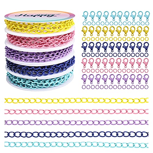 Happy Makers 39.37 Feet Necklace Figaro Chains for Jewelry Making, 4 Colors Brass Plated Necklace Chains with 40 Lobster Clasps, 80 Jump Rings in Bulk for Women Men DIY Bracelet Craft