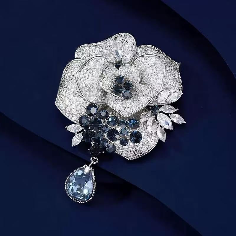 Luxury Camellia Flower Brooch, Sparkling Crystal & Rhinestone Pin with Teardrop Pendant for Women, Elegant Statement Jewelry for Wedding, Party, or Daily Wear - style: Modern