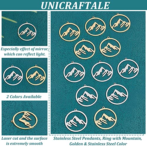 UNICRAFTALE Mountain Charms Flat Round with Mountain Dangle Pendants Stainless Steel Pendants Hypoallergenic Hollow Charms for Outdoor Lovers Hikers Skiers Climbers - style: Mountain