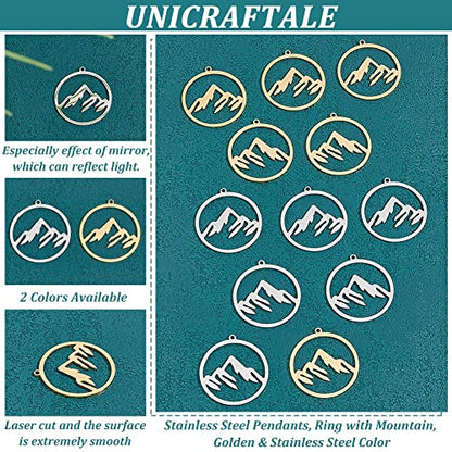 UNICRAFTALE Mountain Charms Flat Round with Mountain Dangle Pendants Stainless Steel Pendants Hypoallergenic Hollow Charms for Outdoor Lovers Hikers Skiers Climbers - style: Mountain