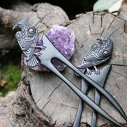 2pack U Shaped Viking Raven Metal Hair Prong Forks French Hair Styling Pins Black Wicca Witch Sticks Renaissance Festival Acceossories for Women Perfect for Thick Hair
