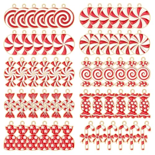 60Pcs Christmas Charms, Candy Cane Charms for Jewelry Making | Alloy Enamel, Christmas DIY Crafts, Holiday Earring Necklace Bracelet Jewelry Making, Xmas Red White Candy Pendants - style: Christmas Candy Charms