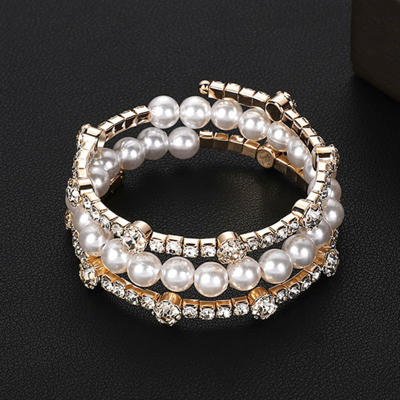 Imitition Pearl Stretch Bracelet Layers Stackable Bangle Bracelet Crystals Pearl Elastic Wristband for Women Wedding Jewelry - color: Sytle 7 Gold