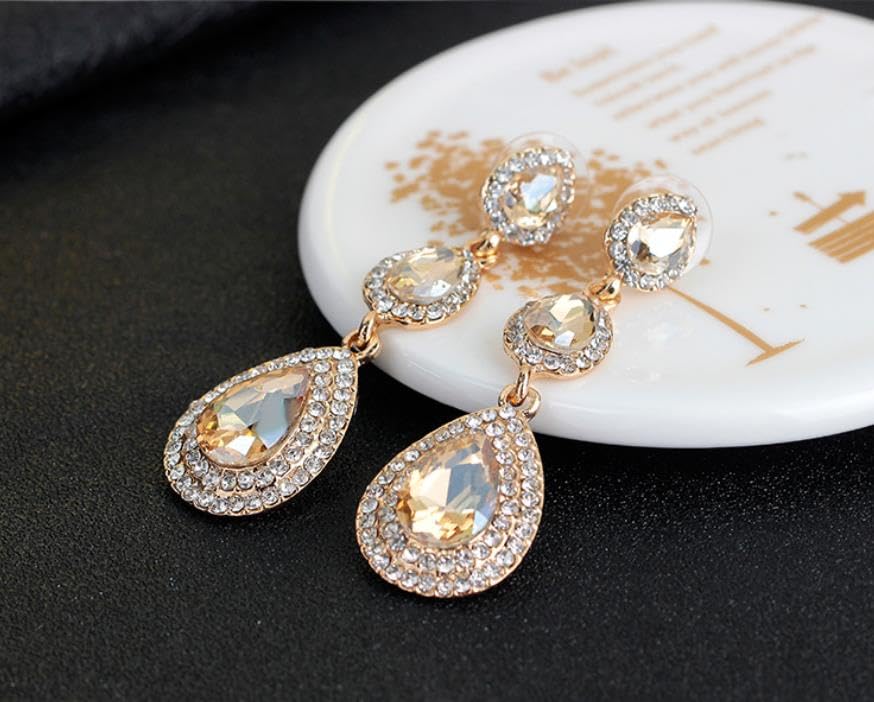 Elegant Rhinestone Statement Earrings Sparkly Cluster Crystal Drop Dangle Earrings Teardrop Chandelier Earrings Wedding Bridal Prom Earrings for Women - color: A:Champagne