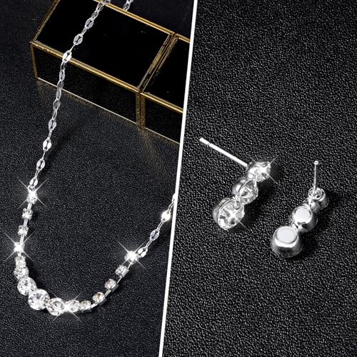 Gjinxi Silver Jewelry Set for Women, Rhinestone Necklace Bracelet Dangle Earrings Set, Crystal Bridal Wedding Party Jewelry Sets for Bride Bridesmaid Formal Costume