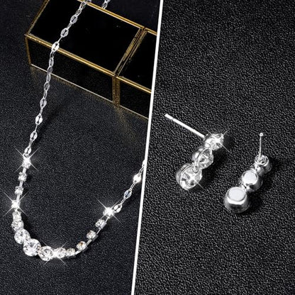 Gjinxi Silver Jewelry Set for Women, Rhinestone Necklace Bracelet Dangle Earrings Set, Crystal Bridal Wedding Party Jewelry Sets for Bride Bridesmaid Formal Costume