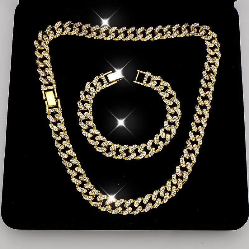 8 PcsCuban Link Chain jewelry sets for Woman with Rhinestone Necklace Bracelet Earrings Bling Diamond chunky Chain Jewelry - color: Golden A, size: 22inch