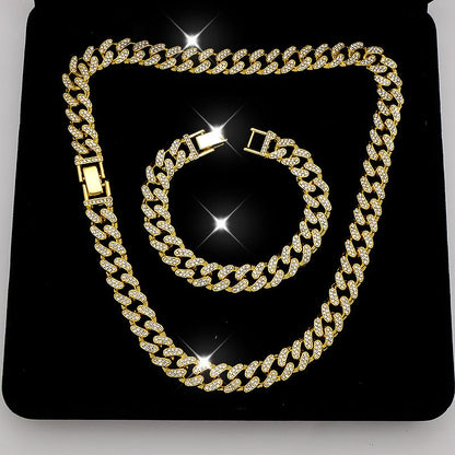 8 PcsCuban Link Chain jewelry sets for Woman with Rhinestone Necklace Bracelet Earrings Bling Diamond chunky Chain Jewelry - color: Golden A, size: 22inch