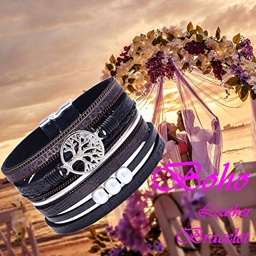 Desimtion Inspirational Tree of Life Boho Leather Wrap Bangle Bracelets for Women, Teen Girl Gifts Trendy Stuff, Fashion Accessories Jewelry Gifts for Women Girls - color: Black