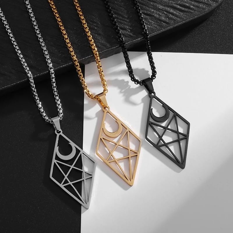 Stainless Steel Inverted Five-Pointed Star and Moon Pendant Necklace Men Women Gothic Pagan Satanic Magic Jewelry - color: black